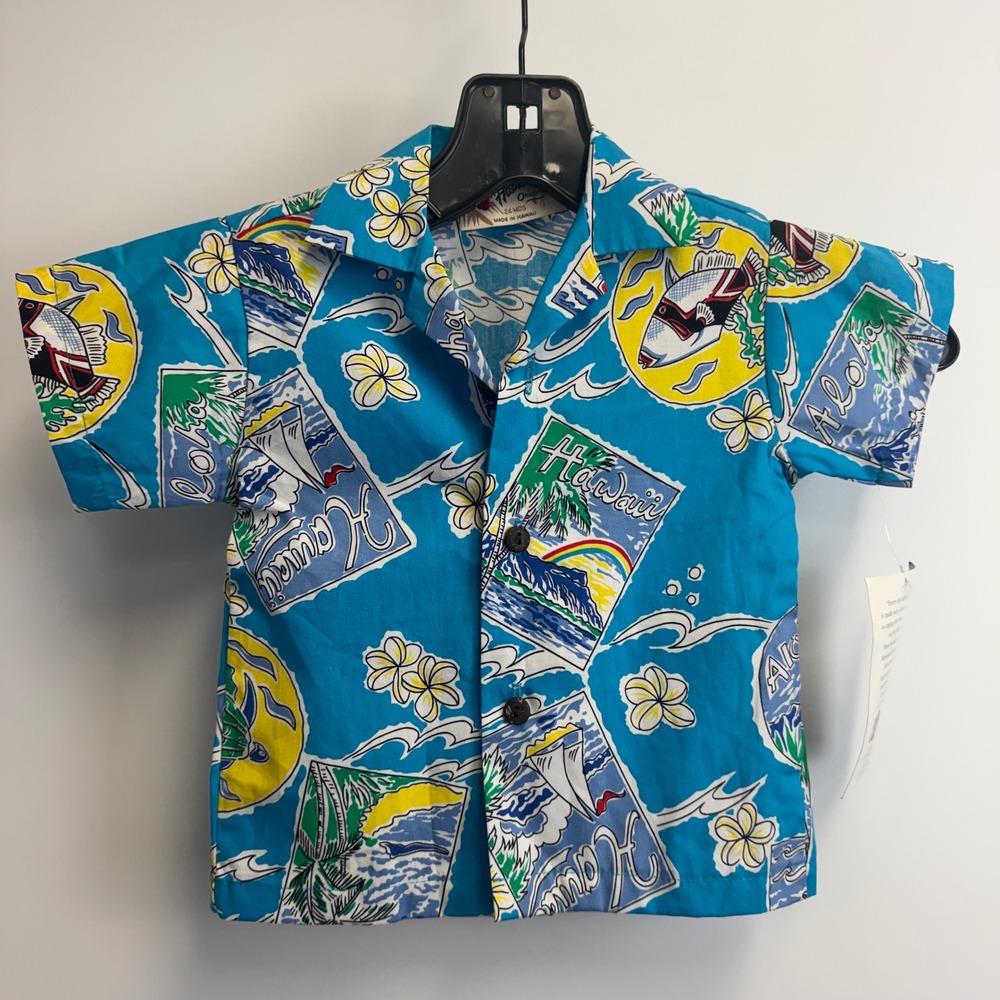 Hilo Hattie Hawaiian Original Kids Postcard Print Shirt Blue 24M 802 Made in USA